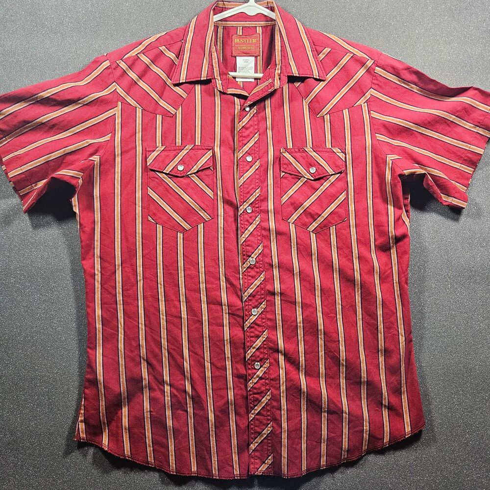 Rustler Western Shirt Men’s L Red Stripe Pearl Snap Short Sleeve